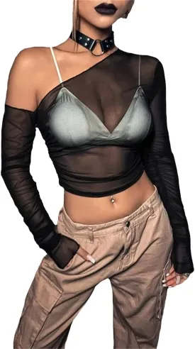 LOFAAC Women Sexy Mesh Sheer See Through Long Sleeve Crop Tops Slim Fit Ruched Off Shoulder Crop Blouse Tee Top Clubwear
