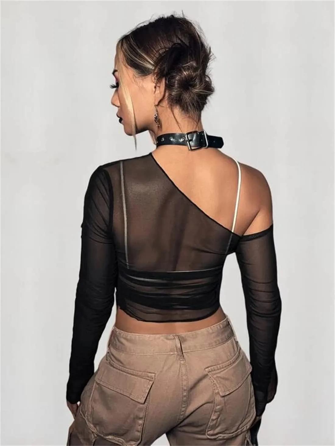 LOFAAC Women Sexy Mesh Sheer See Through Long Sleeve Crop Tops Slim Fit Ruched Off Shoulder Crop Blouse Tee Top Clubwear