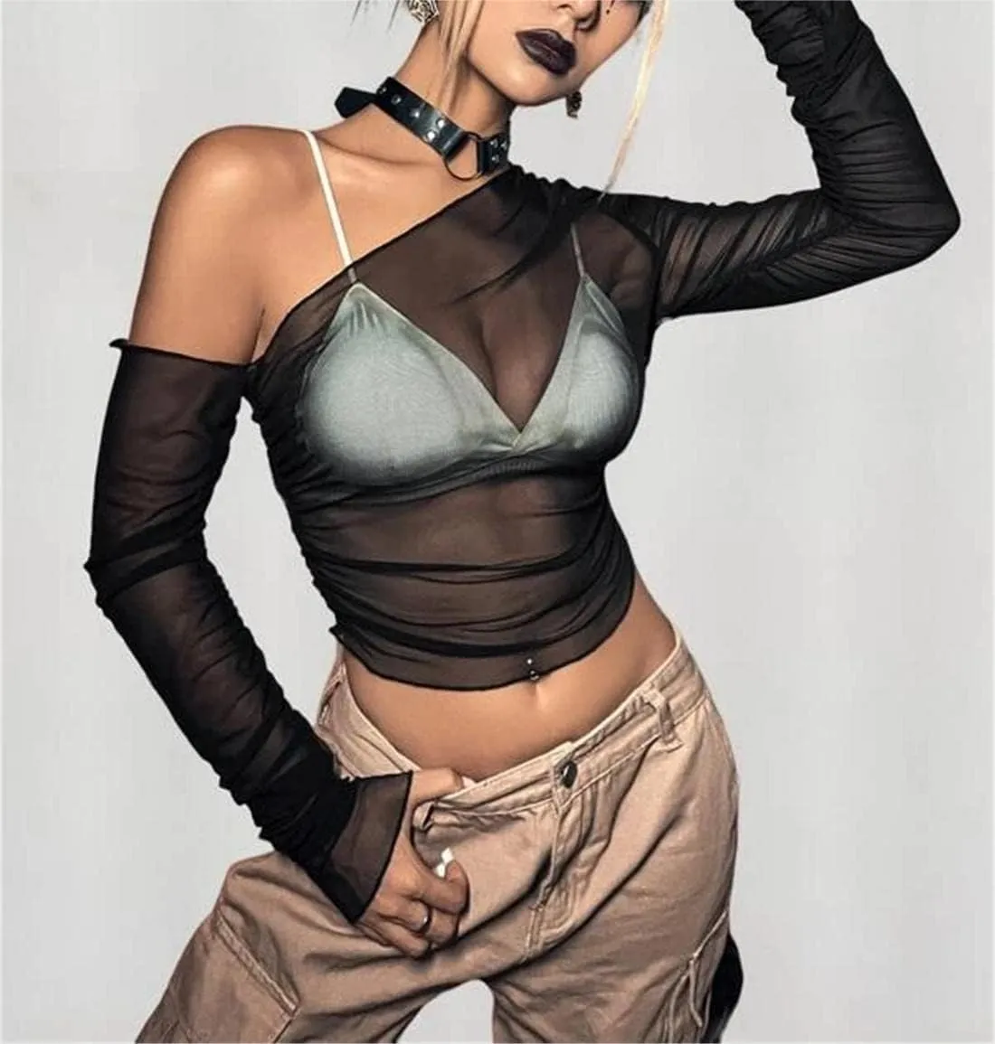 LOFAAC Women Sexy Mesh Sheer See Through Long Sleeve Crop Tops Slim Fit Ruched Off Shoulder Crop Blouse Tee Top Clubwear