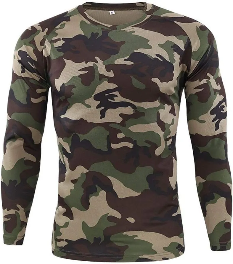 Long Sleeve Camo T-Shirt for Men Military Camouflage Athletic Compression Shirt Workout Gym Sports Quick Dry Hiking Shirts