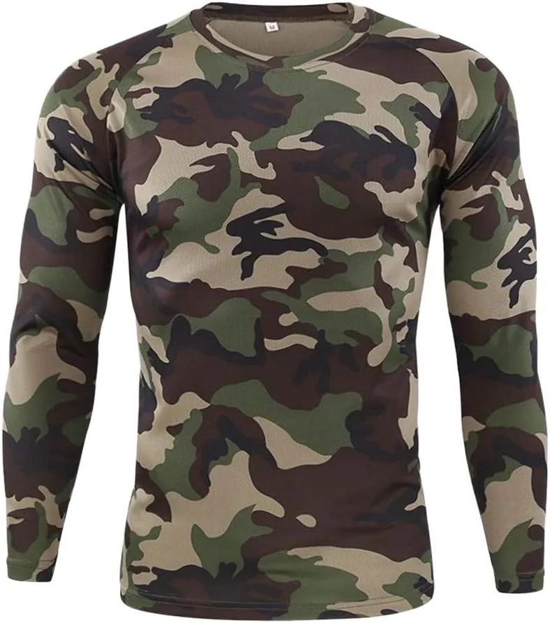 Long Sleeve Camo T-Shirt for Men Military Camouflage Athletic Compression Shirt Workout Gym Sports Quick Dry Hiking Shirts