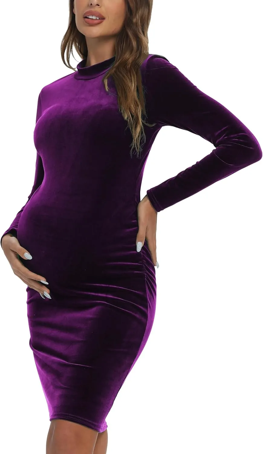 Long Sleeve Velvet Turtleneck Maternity Bodycon Dress, Fall Pregnancy Dress for Casual Wear, Baby Shower, Photoshoot