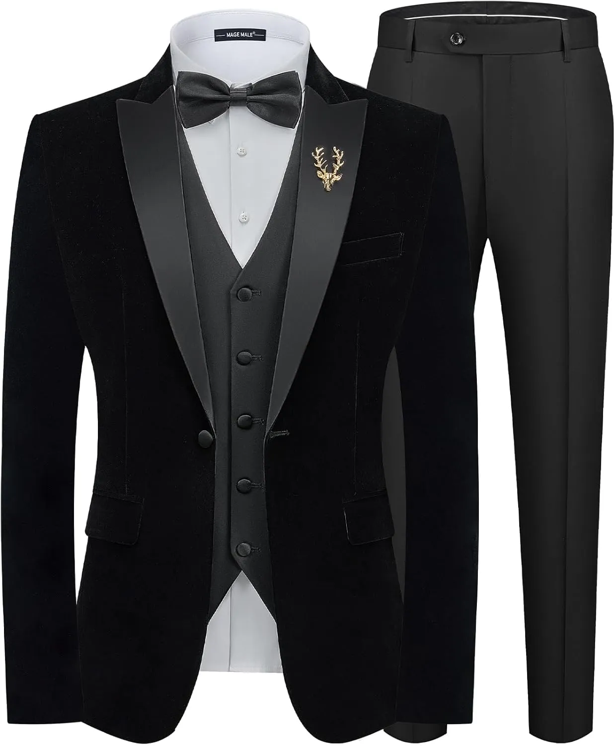 MAGE MALE Mens Velvet Suits Slim Fit Peak Lapel Tuxedo 3 Piece One Button Prom Party Banquet Blazer Vest Pants Set