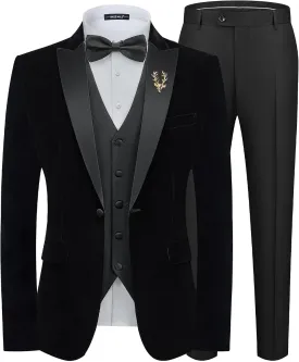 MAGE MALE Mens Velvet Suits Slim Fit Peak Lapel Tuxedo 3 Piece One Button Prom Party Banquet Blazer Vest Pants Set