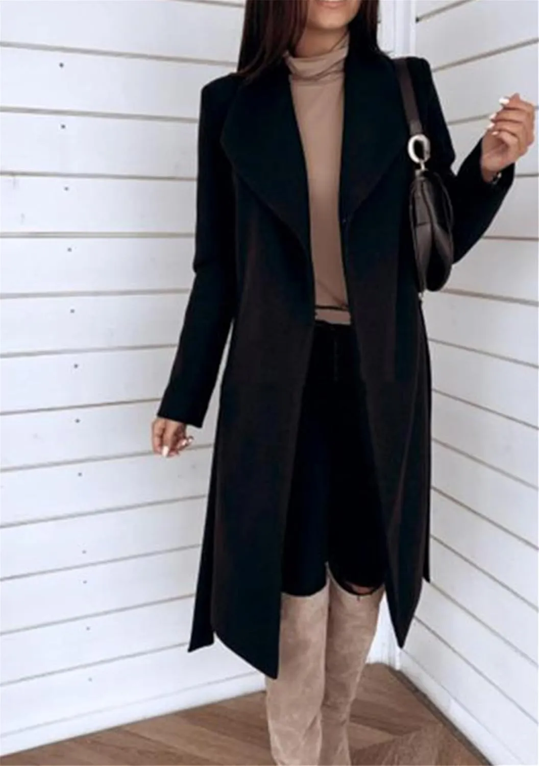 MAYRAIN Womens Wide Lapel Fashion Trench Coat Solid Color Belted Jackets Wool Blend Wrap Long Winter Coats