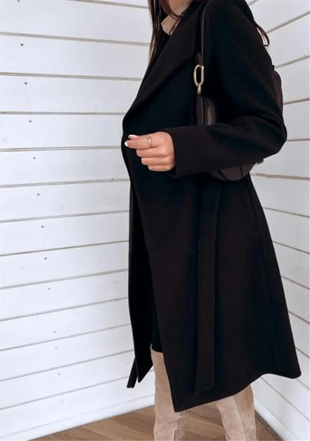 MAYRAIN Womens Wide Lapel Fashion Trench Coat Solid Color Belted Jackets Wool Blend Wrap Long Winter Coats