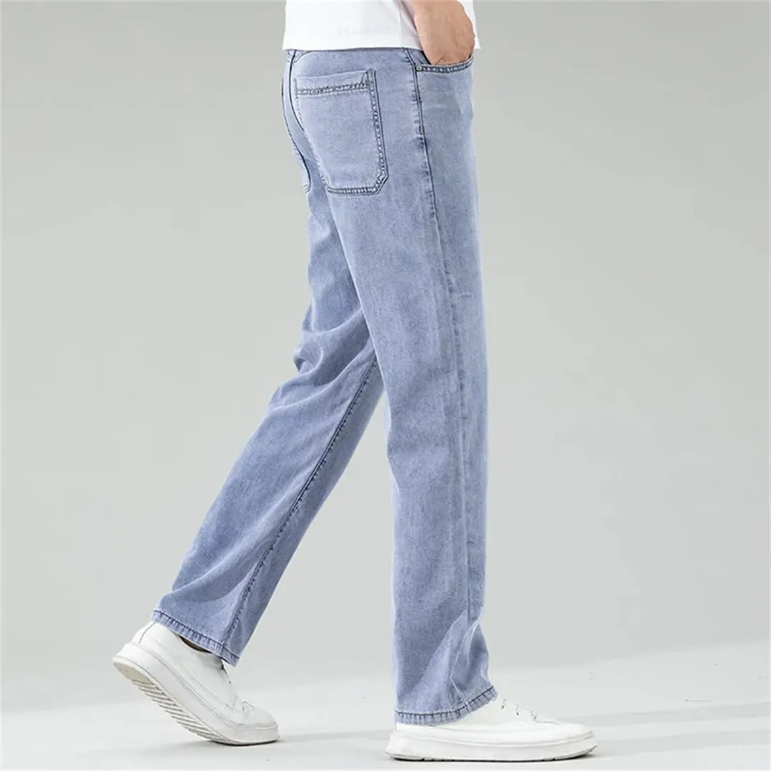 Men's Black Jeans Loose Straight Soft Denim Pants Elastic Wide-Leg Trousers