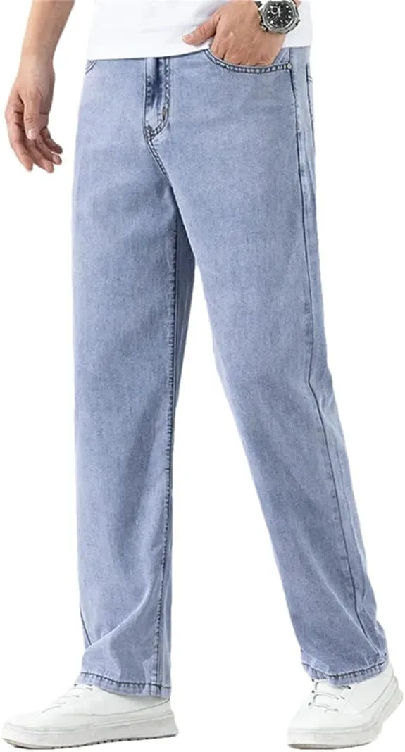 Men's Black Jeans Loose Straight Soft Denim Pants Elastic Wide-Leg Trousers
