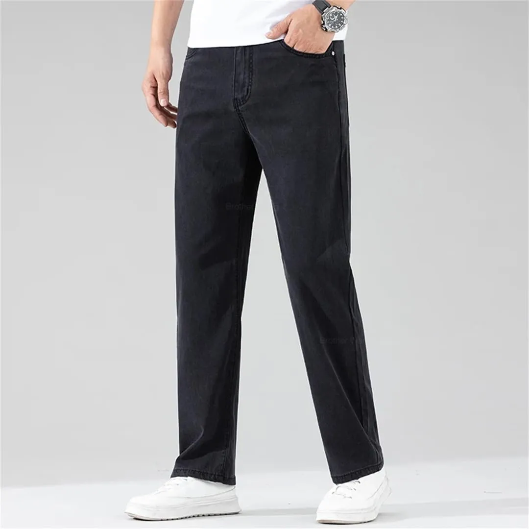 Men's Black Jeans Loose Straight Soft Denim Pants Elastic Wide-Leg Trousers