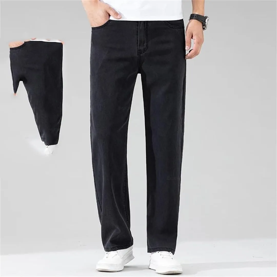 Men's Black Jeans Loose Straight Soft Denim Pants Elastic Wide-Leg Trousers