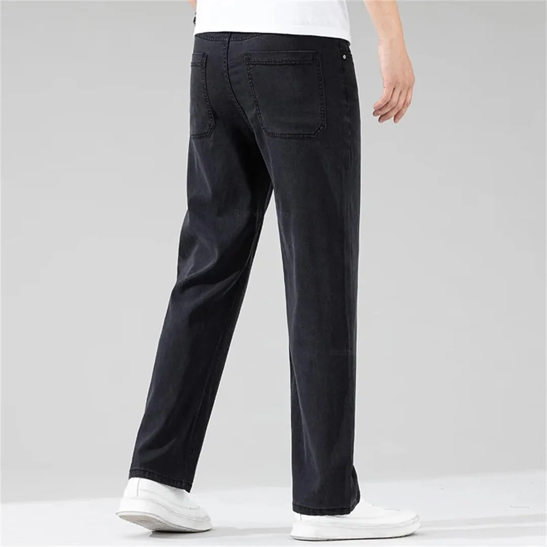 Men's Black Jeans Loose Straight Soft Denim Pants Elastic Wide-Leg Trousers