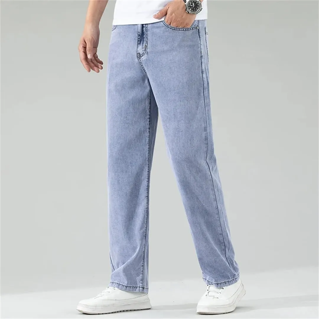 Men's Black Jeans Loose Straight Soft Denim Pants Elastic Wide-Leg Trousers