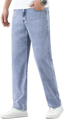 Men's Black Jeans Loose Straight Soft Denim Pants Elastic Wide-Leg Trousers