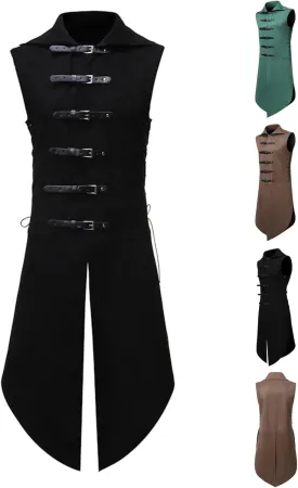 Mens Gothic Waistcoat Steampunk Vest Buckle Belt Tailcoat Suit Vests Vintage Medieval Sleeveless Jacket Halloween Coat