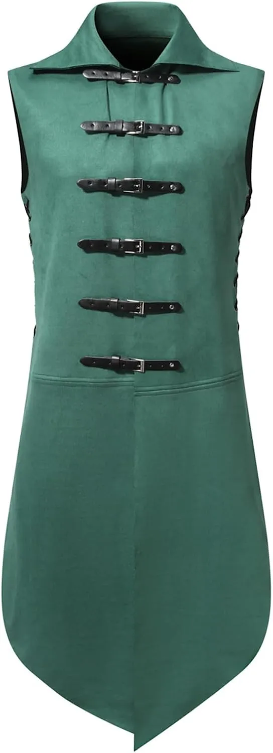 Mens Gothic Waistcoat Steampunk Vest Buckle Belt Tailcoat Suit Vests Vintage Medieval Sleeveless Jacket Halloween Coat