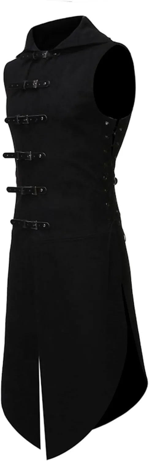 Mens Gothic Waistcoat Steampunk Vest Buckle Belt Tailcoat Suit Vests Vintage Medieval Sleeveless Jacket Halloween Coat