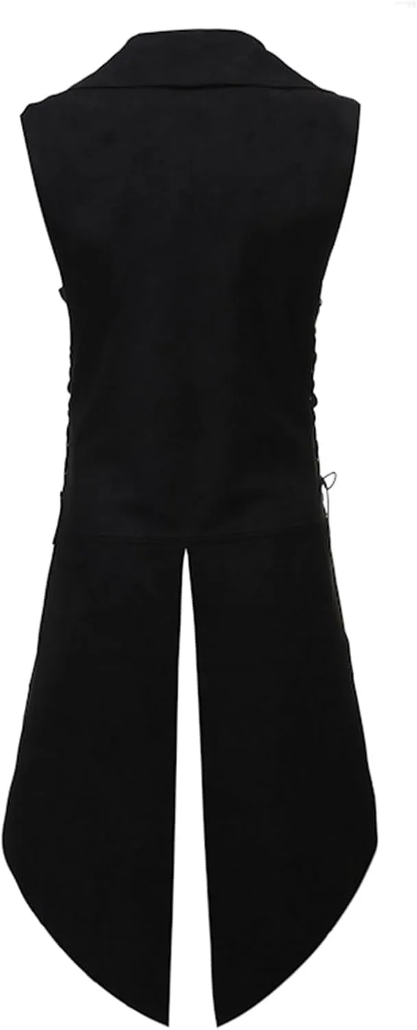 Mens Gothic Waistcoat Steampunk Vest Buckle Belt Tailcoat Suit Vests Vintage Medieval Sleeveless Jacket Halloween Coat