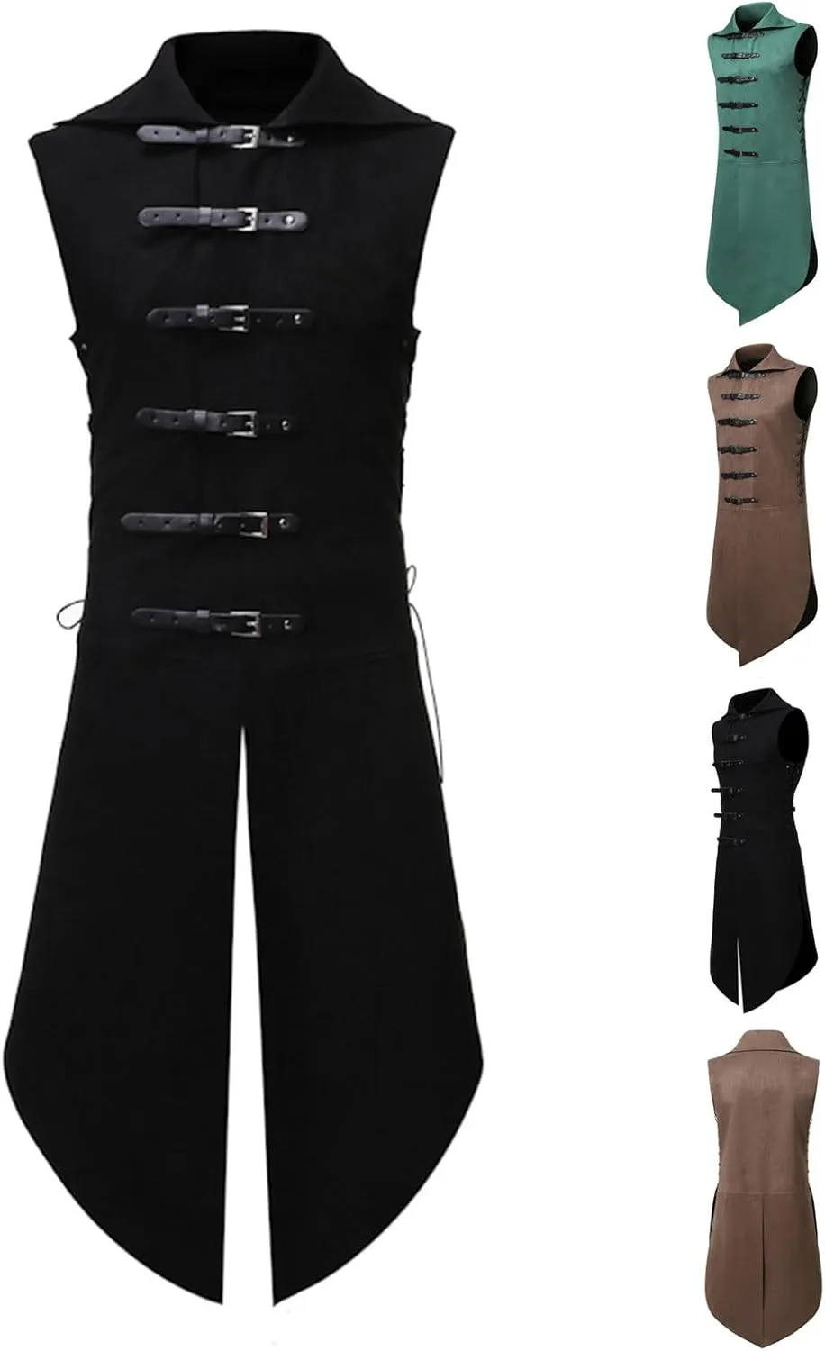 Mens Gothic Waistcoat Steampunk Vest Buckle Belt Tailcoat Suit Vests Vintage Medieval Sleeveless Jacket Halloween Coat