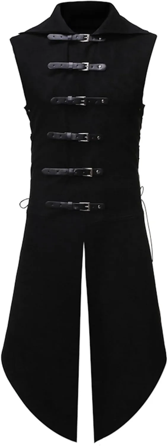 Mens Gothic Waistcoat Steampunk Vest Buckle Belt Tailcoat Suit Vests Vintage Medieval Sleeveless Jacket Halloween Coat