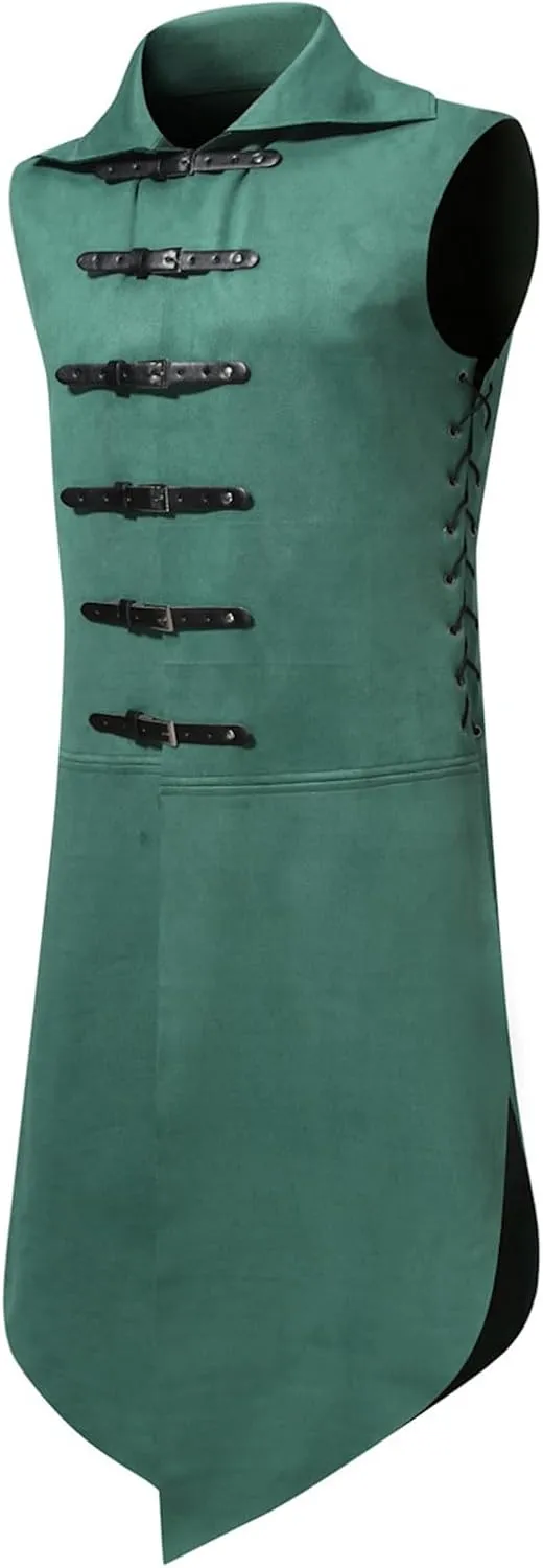 Mens Gothic Waistcoat Steampunk Vest Buckle Belt Tailcoat Suit Vests Vintage Medieval Sleeveless Jacket Halloween Coat