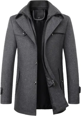 Mens Trench Coat Notched Lapel Collar Single Breasted Mid Long Length Pea Coat Casual Business Work Classic Overcoat