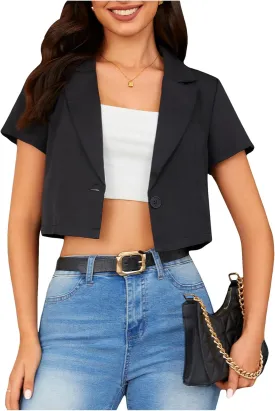 OYOANGLE Women's Button Down Lapel Neck Crop Jackets Short Sleeve Business Blazers