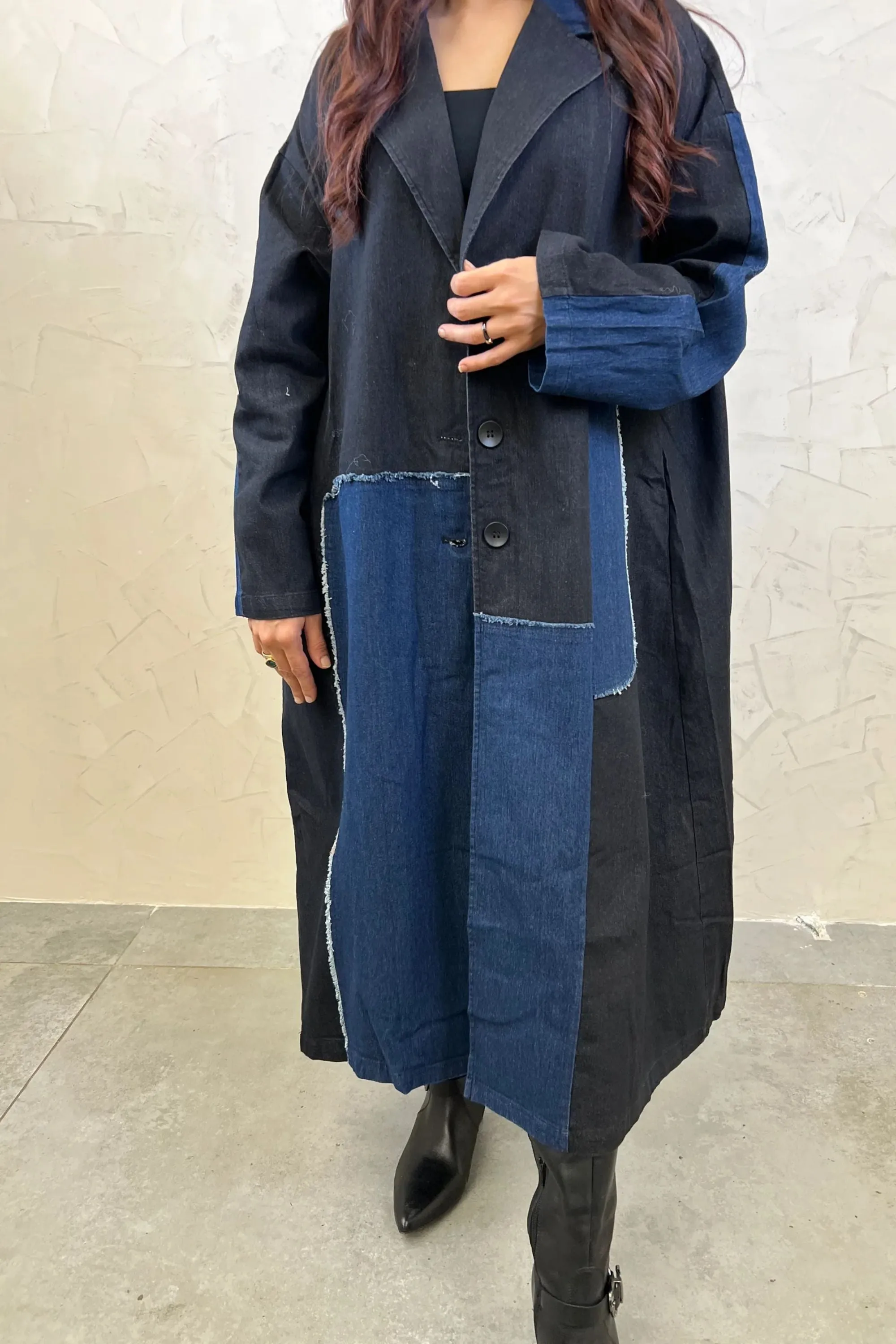 Patchwork Denim Long Trench Coat
