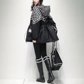 Purpdrank - Plaid Print Long Sleeve Windbreaker Loose British Style Zipper Drawstring Stretch Waist Hooded Jacket Spring Autumn Trench Coat