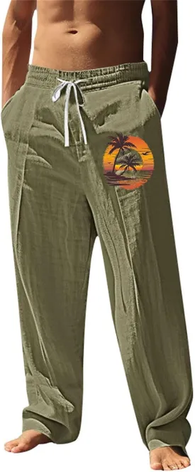 Relaxed Fit Hawaiian Pineapple Pants for Men Lightweight Beach Sweatpants Tropical Graphic Drawstring Lounge Vacation