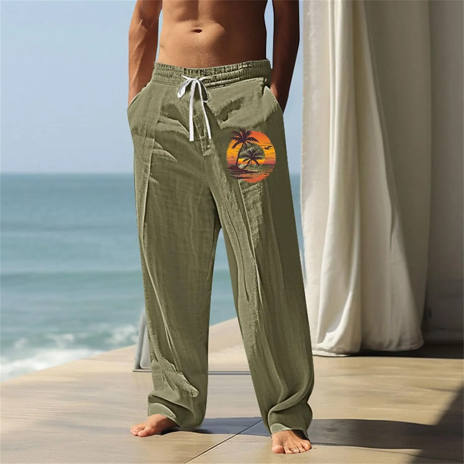 Relaxed Fit Hawaiian Pineapple Pants for Men Lightweight Beach Sweatpants Tropical Graphic Drawstring Lounge Vacation