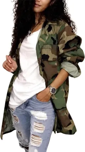 Sexy Camouflage Jacket for Women Army Fatigue Long Cargo Jackets Trench Coat Plus Size