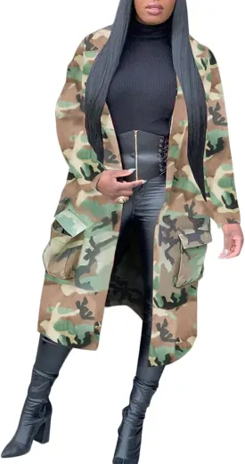 Sexy Camouflage Jacket for Women Army Fatigue Long Cargo Jackets Trench Coat Plus Size