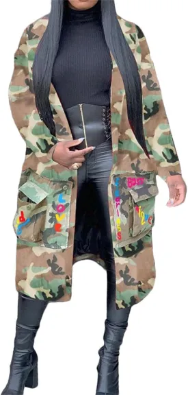 Sexy Camouflage Jacket for Women Army Fatigue Long Cargo Jackets Trench Coat Plus Size