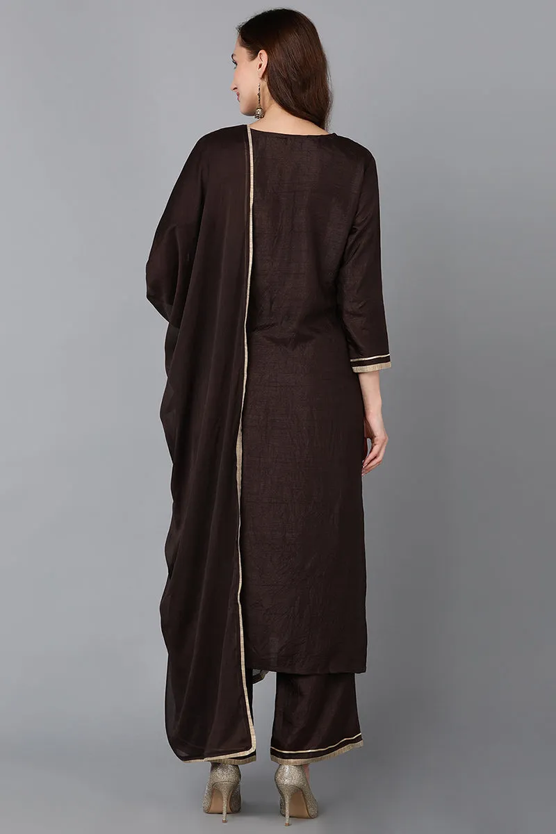 Silk Blend Black Embroidered Straight Kurta Pant With Dupatta