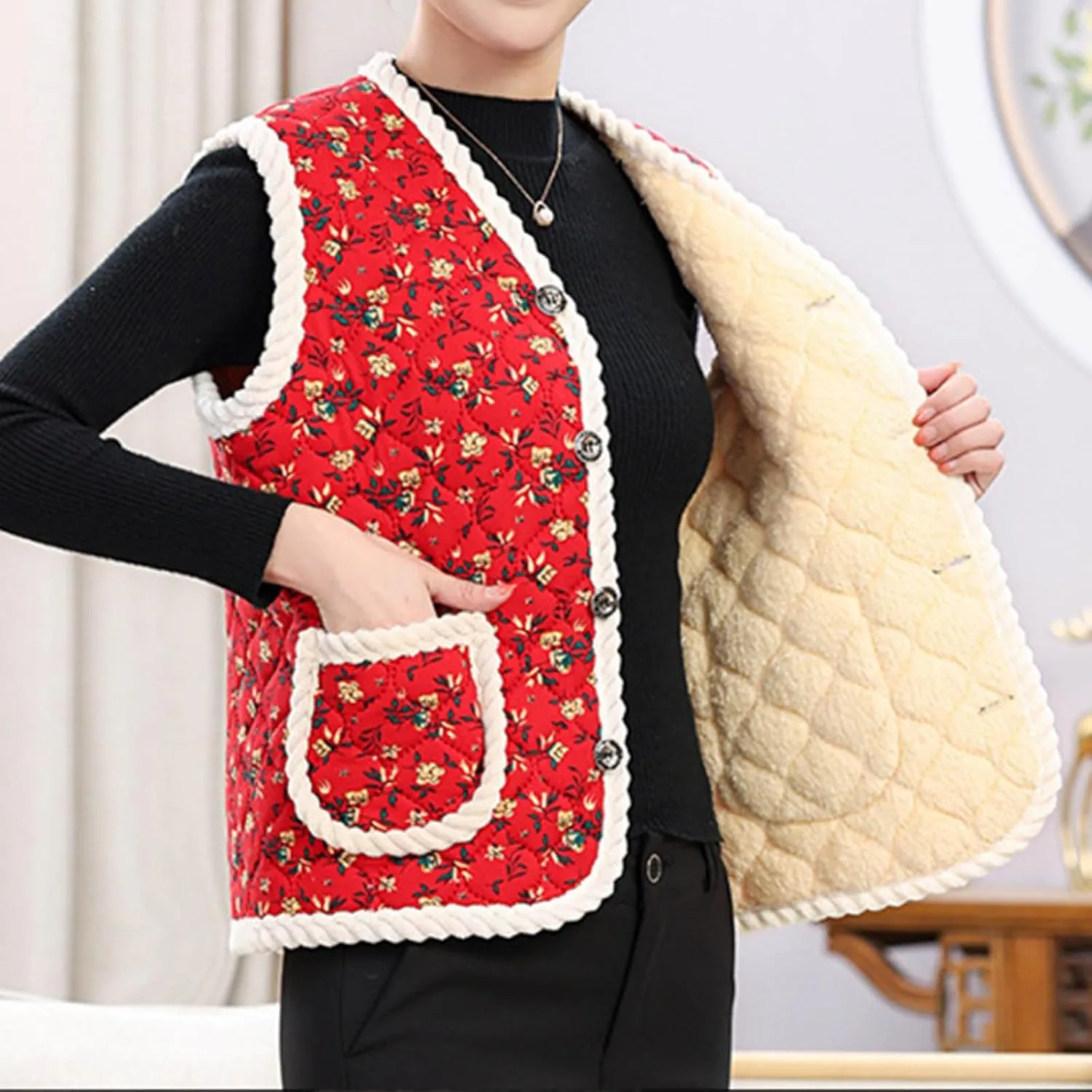 Sinzelimin Women's Waistcoat Cotton Jackets Fashion Printed Button up Sleeveless Fleece Lined Vest Outwear Coat with Pocket