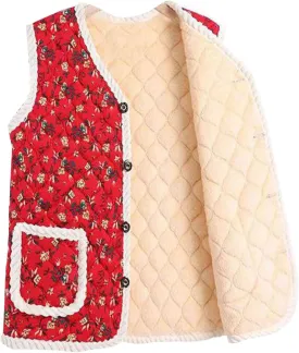 Sinzelimin Women's Waistcoat Cotton Jackets Fashion Printed Button up Sleeveless Fleece Lined Vest Outwear Coat with Pocket