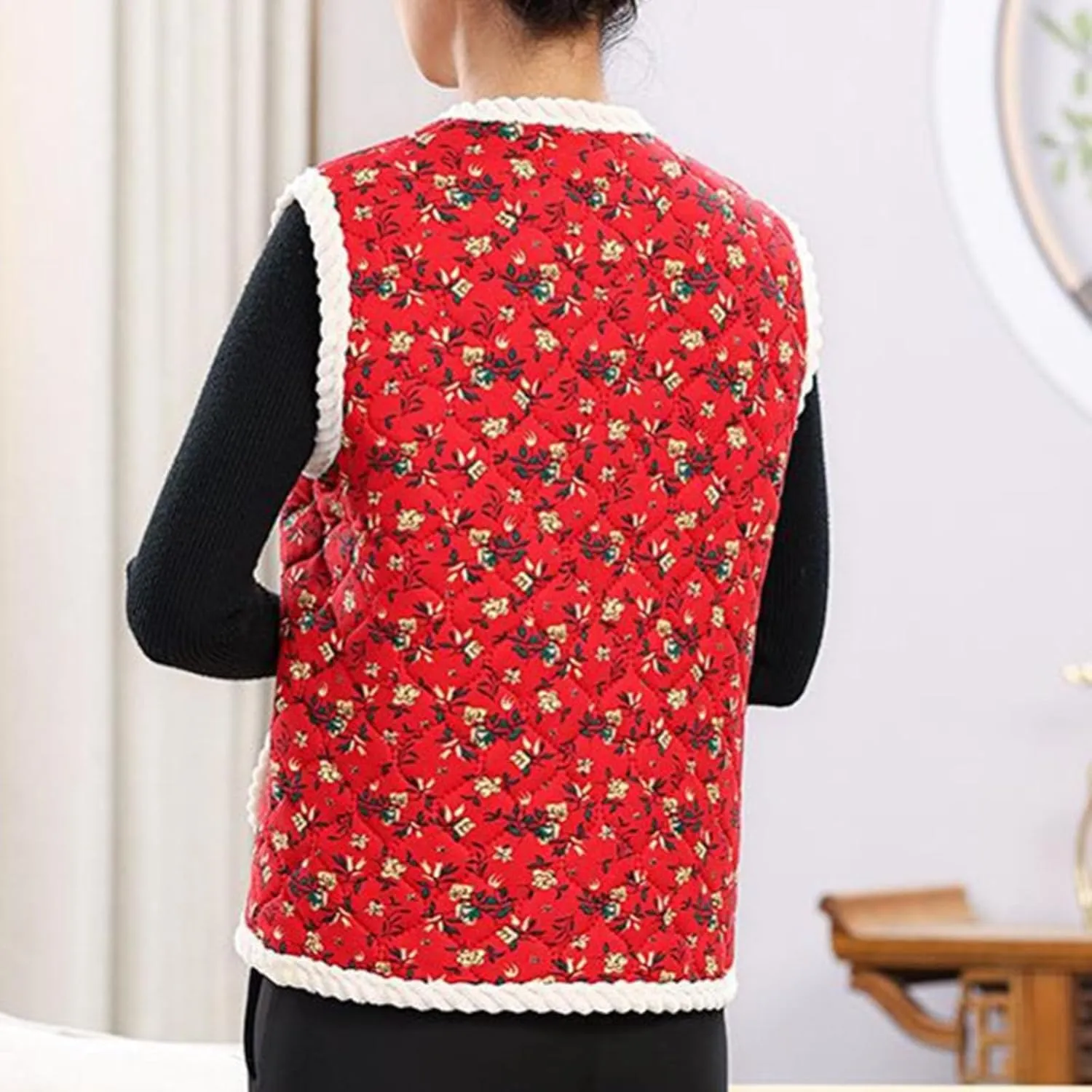 Sinzelimin Women's Waistcoat Cotton Jackets Fashion Printed Button up Sleeveless Fleece Lined Vest Outwear Coat with Pocket