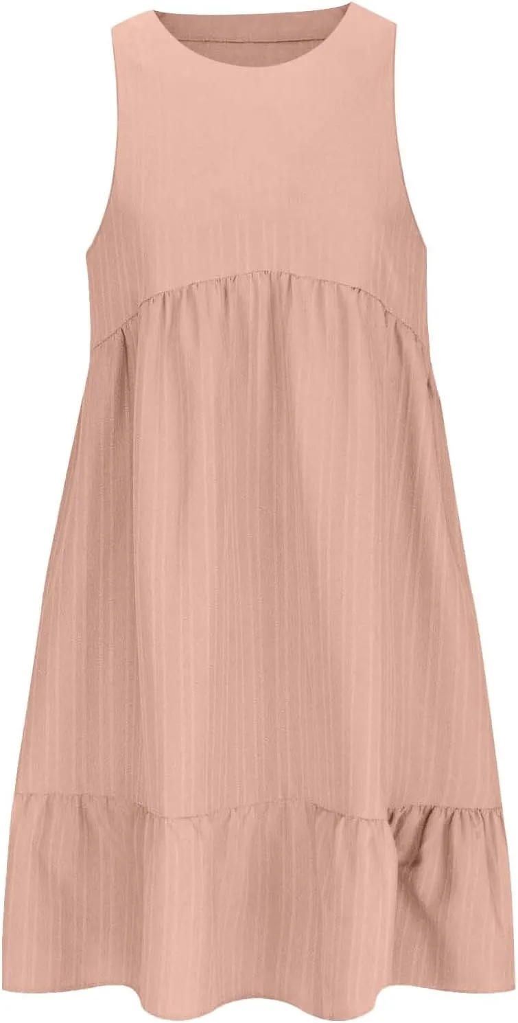 Summer Dresses for Women 2025 Sleeveless Crewneck Neck Knee Length Patchwork Pleated Ruffle Flowy Beach Sundresses
