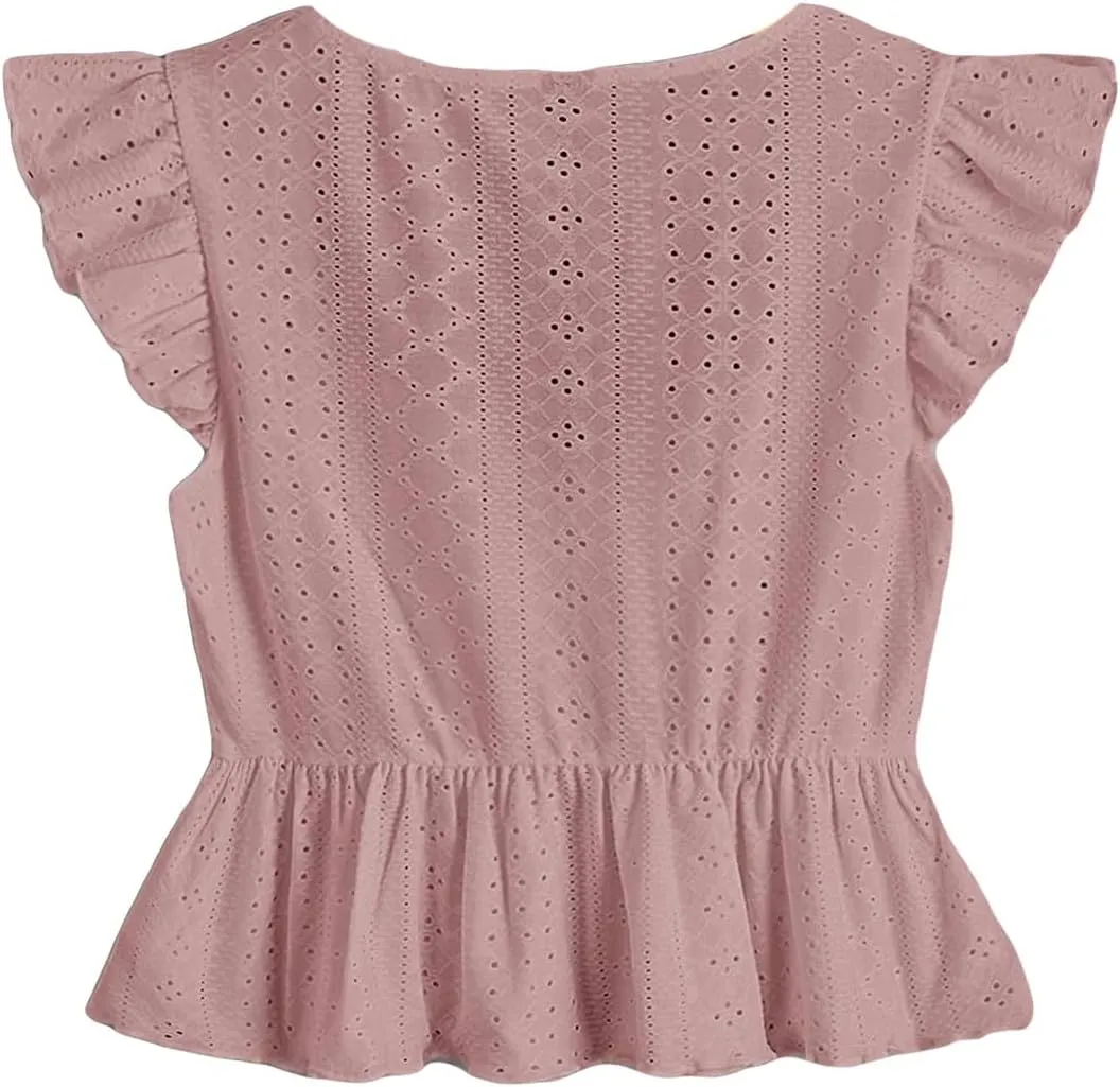SweatyRocks Women's Ruffle Hem Cap Sleeve Shirts Sweetheart Neck Peplum Blouse Top