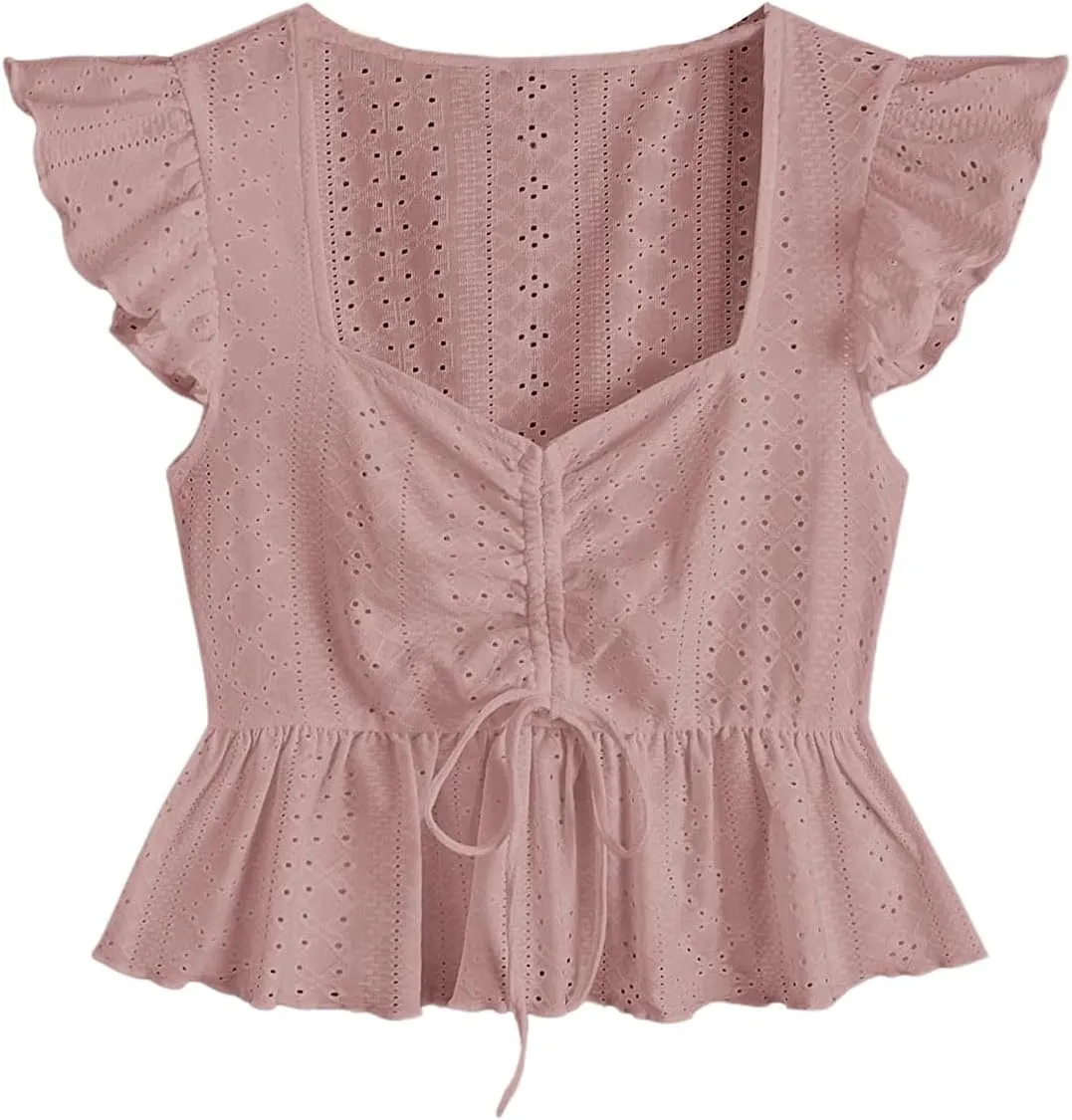 SweatyRocks Women's Ruffle Hem Cap Sleeve Shirts Sweetheart Neck Peplum Blouse Top