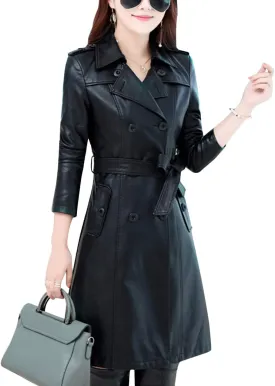 Tanming Womens Fashion Lapel Double Breasted Lambskin Leather Mid Long Jacket Coat