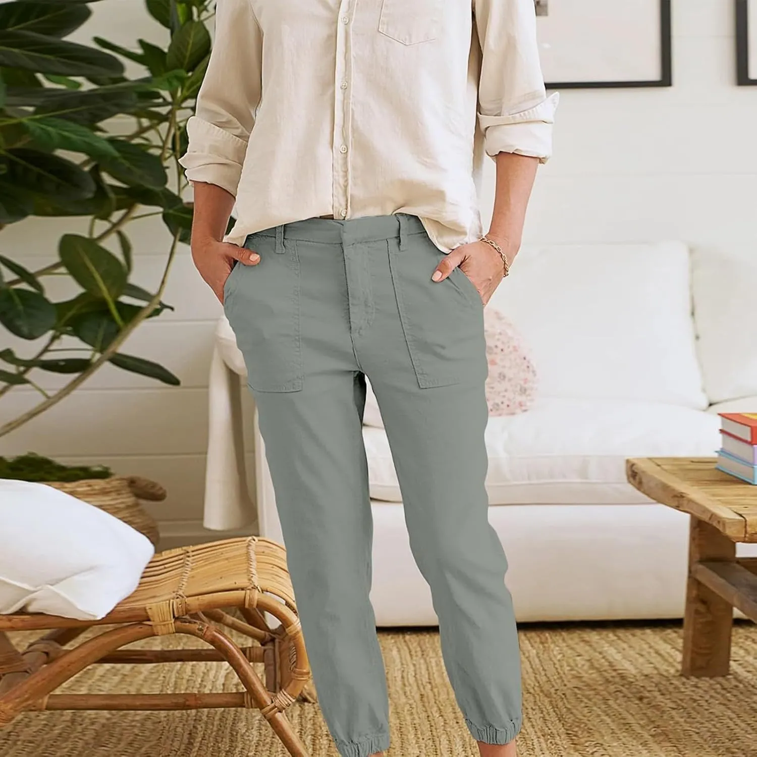 Trendy Jogger Pant for Women Elastic Waist Office Work Travel Party Trouser Daily Regular Slim Fit Cuffed Casual Pant