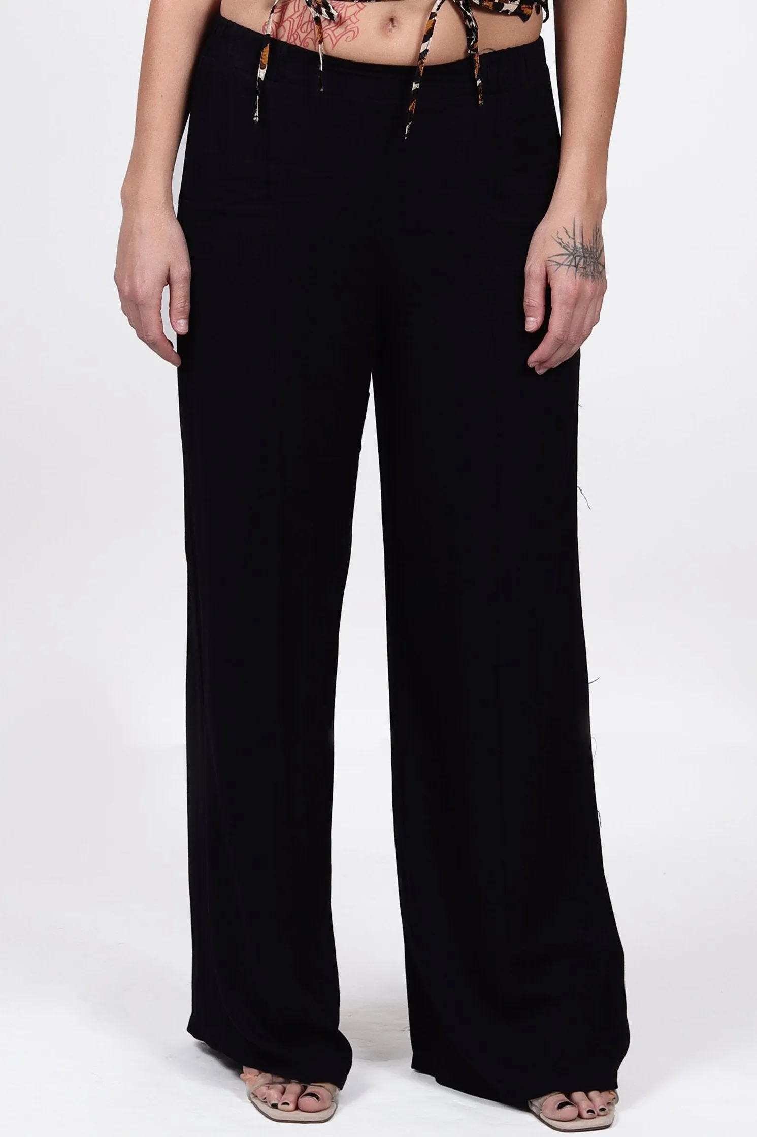 Wide Leg Elasticated Flared Trousers in Black with pockets | Angie