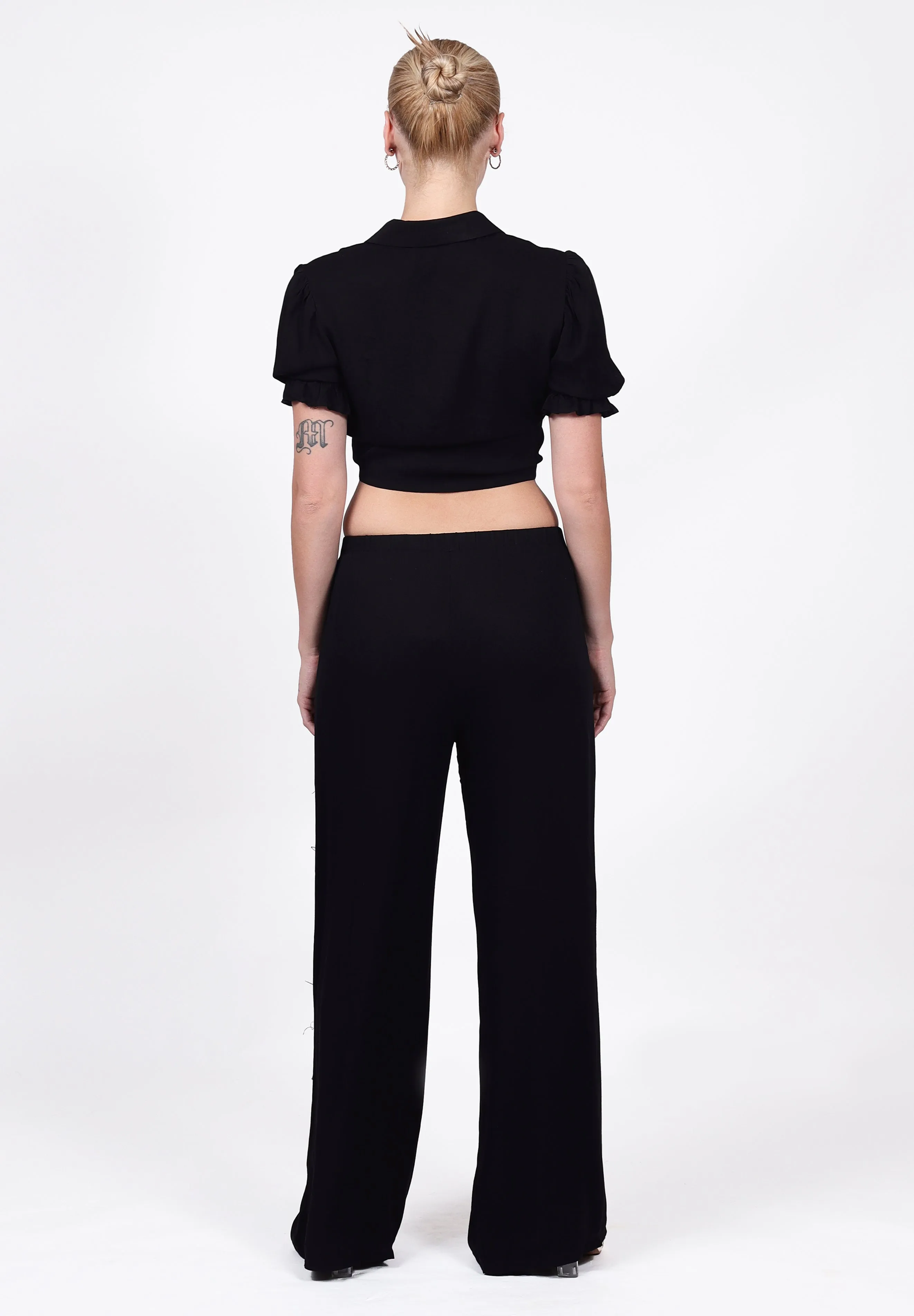 Wide Leg Elasticated Flared Trousers in Black with pockets | Angie