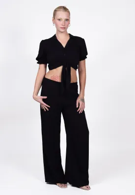 Wide Leg Elasticated Flared Trousers in Black with pockets | Angie