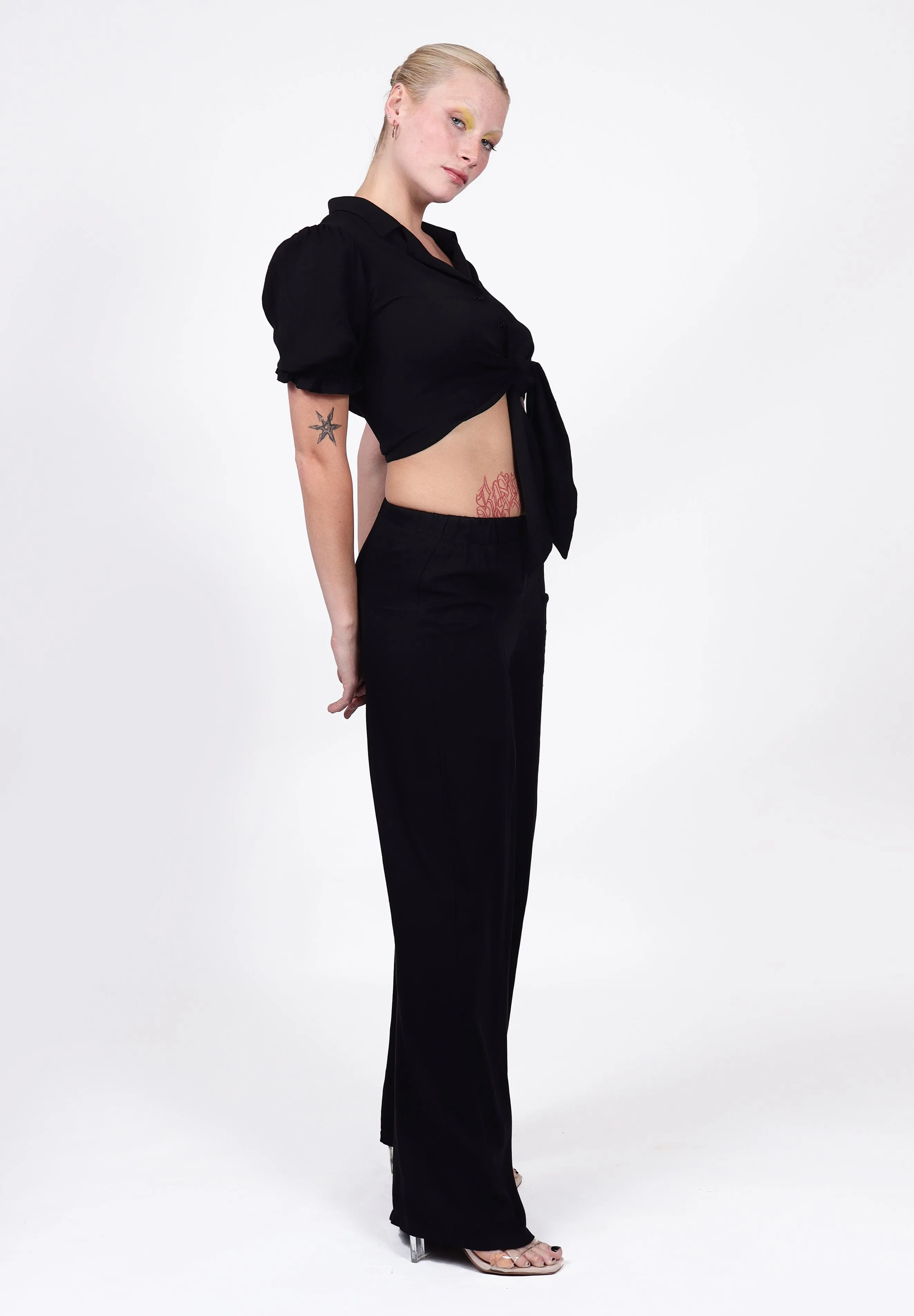 Wide Leg Elasticated Flared Trousers in Black with pockets | Angie