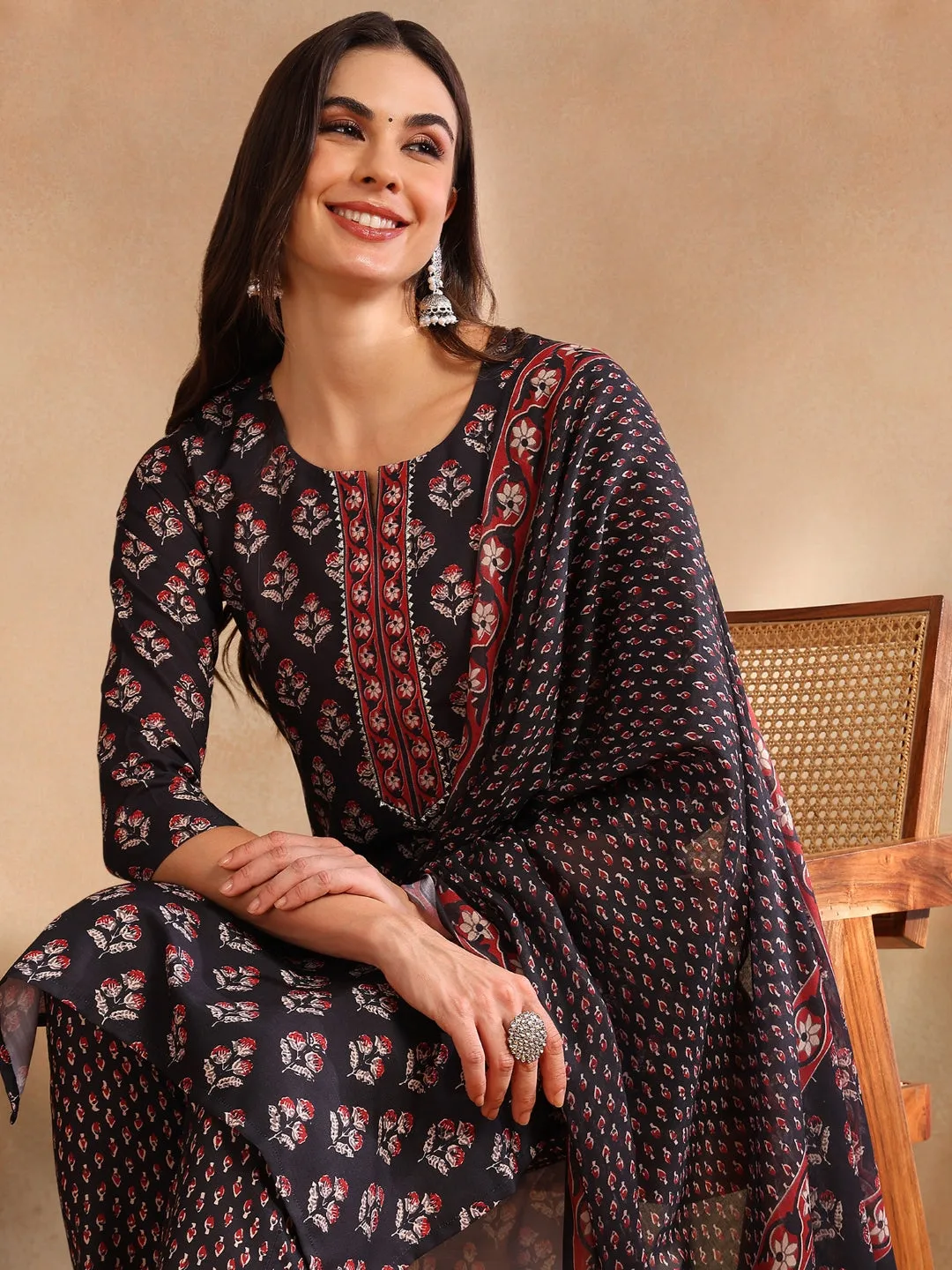 Women Black Rayon Blend Floral Printed Straight Kurta Trouser With Dupatta