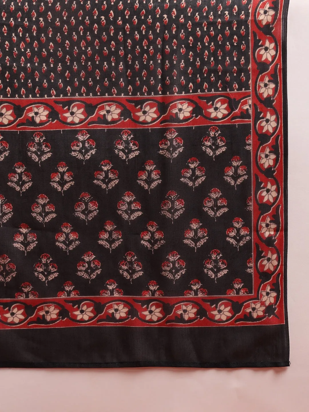 Women Black Rayon Blend Floral Printed Straight Kurta Trouser With Dupatta