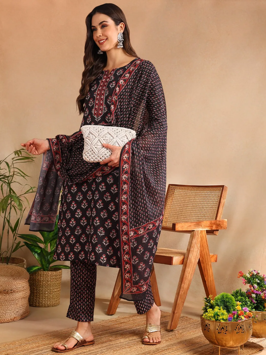 Women Black Rayon Blend Floral Printed Straight Kurta Trouser With Dupatta