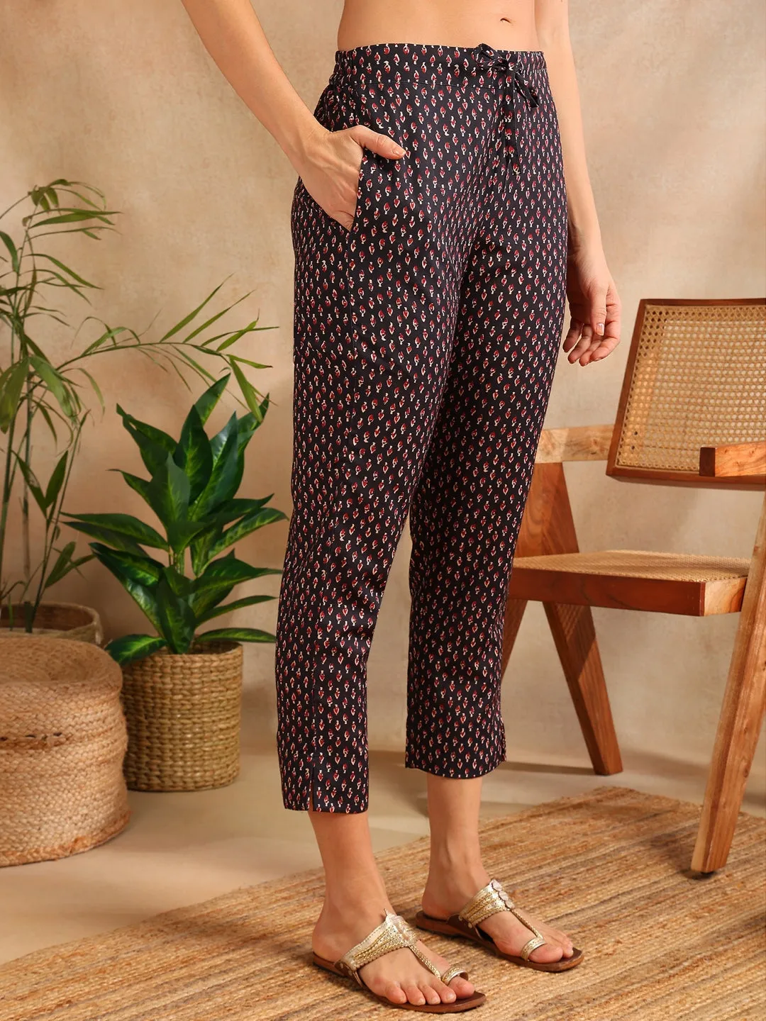 Women Black Rayon Blend Floral Printed Straight Kurta Trouser With Dupatta
